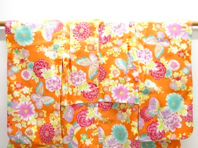  花蝶模様子供着物(重ね衿付き)